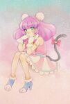  1girl aizen_(syoshiyuki) armlet bow bowtie bun_cover cat_tail collared_dress commentary dress full_body gloves gradient_background green_eyes high_heels highres invisible_chair jewelry long_hair mao_(precure) paw_shoes pink_dress pink_hair precure simple_background sitting skirt sleeveless sleeveless_dress solo star_twinkle_precure striped_clothes striped_skirt tail vertical-striped_clothes vertical-striped_skirt white_gloves 