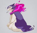 1other blush closed_eyes fire flying_sweatdrops furry grey_background hisuian_typhlosion kneeling kyouka-0428 looking_at_viewer pink_fire pokemon pokemon_(creature) pokemon_focus simple_background 