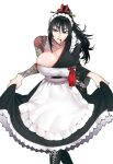  1girl apron black_eyes black_hair black_kimono boots bowing butler_bowing detached_collar hair_ornament highres irezumi japanese_clothes kimono maid maid_apron maid_headdress original ponytail print_kimono shoulder_tattoo single_bare_shoulder smoking sudeni_sokurou tattoo unconventional_maid wa_maid 