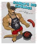 absurd_res anthro apron beard black_hair blue_eyes bottomwear clothing ear_piercing english_text facial_hair food grill hair hi_res kangaroo looking_at_viewer macropod male mammal marsupial meat muscular piercing sausage seff_(dissimulated) shorts simple_background smile solo text vexedlupine yellow_body