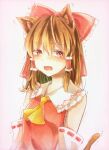  1girl animal_ears ascot blush bow breasts brown_hair cat_ears cat_girl cat_tail commentary_request detached_sleeves fang frilled_bow frilled_hair_tubes frills furawast hair_bow hair_tubes hakurei_reimu highres kemonomimi_mode long_hair marker_(medium) open_mouth pink_background red_bow red_eyes ribbon-trimmed_sleeves ribbon_trim small_breasts solo tail tearing_up textless_version touhou traditional_media trembling yellow_ascot 