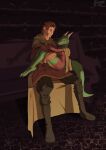 absurd_res anthro bench boots breasts bridal_carry brown_hair carrying_another cloak clothing digital_media_(artwork) digitigrade duo female footwear gamesfan green_body hair hi_res holding_another horn human kobold larger_anthro larger_male light lighting looking_at_another male male/female mammal scalie scar shoes size_difference smaller_anthro smaller_female tail watermark