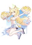  1girl absurdres alternate_costume alternate_hairstyle animal_ear_fluff arm_strap bare_shoulders bike_shorts black_shorts blonde_hair blue_archive blush breasts cheering cheerleader cleavage commentary detached_collar floating_hair full_body green_eyes green_halo hair_between_eyes halo hand_up highres holding holding_pom_poms jumping kurumi_(blue_archive) long_hair looking_at_viewer millennium_cheerleader_outfit_(blue_archive) miniskirt name_tag navel open_mouth outstretched_arm pleated_skirt pom_pom_(cheerleading) ponytail shoes shok_(shovelkun) shorts shorts_under_skirt sidelocks simple_background skirt small_breasts sneakers solo stomach sweat thighs triangle_halo two_side_up v-shaped_eyebrows very_long_hair white_background white_shoes white_skirt 
