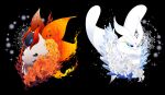  absurdres black_background bug commentary_request fire flower frosmoth full_body highres lily_(flower) moth orange_flower pokemon pokemon_(creature) pokemon_focus rebanira_(aqsiz) snow volcarona white_flower white_lily 