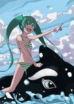  :d bikini day green_eyes green_hair hatsune_miku highres jas_(annkoromochi) long_hair navel open_mouth pointing riding smile solo striped striped_bikini swimsuit twintails vocaloid whale 