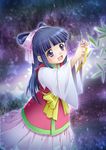  blue_hair blush bow furude_rika hair_bow higurashi_no_naku_koro_ni hiyori japanese_clothes kimono open_mouth pink_bow purple_eyes solo star star_(sky) tanabata 