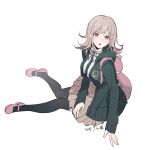  1girl backpack bag black_thighhighs blazer breasts brown_skirt chinese_commentary commentary_request danganronpa_(series) danganronpa_2:_goodbye_despair dated flipped_hair full_body green_jacket green_necktie grey_hair hand_on_own_leg hand_rest highres hood hood_down hooded_jacket jacket knees_together_feet_apart long_sleeves looking_to_the_side mary_janes medium_breasts medium_hair nanami_chiaki necktie open_clothes open_jacket pink_bag pink_eyes pink_shoes pleated_skirt shoes signature simple_background sitting skirt solo thighhighs turning_around unfinished white_background yilansideless 