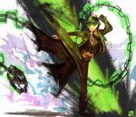  blazblue green_hair hat hazama highres kicking male_focus nanaya_(daaijianglin) solo 