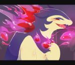  1other commentary_request fire furry hand_up highres hisuian_typhlosion letterboxed looking_at_viewer pokemon pokemon_(creature) pokemon_focus purple_background purple_fire red_eyes reio upper_body 