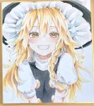  1girl black_hat black_vest blonde_hair blush bow braid commentary_request furawast grin hair_between_eyes hair_bow hat hat_bow heart highres kirisame_marisa long_hair photo_(medium) puffy_short_sleeves puffy_sleeves shikishi short_sleeves side_braid single_braid smile solo touhou traditional_media upper_body vest white_bow witch_hat yellow_eyes 