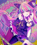  1girl antenna_hair bare_shoulders blacktea104 blue_hair breasts caution_tape cleavage_cutout clothing_cutout collarbone commentary_request detached_sleeves earrings heart heart_cutout heart_earrings highres holding holding_staff jewelry large_breasts licking_lips lilanthim_(shadowverse) long_hair looking_at_viewer multicolored_hair neon_lights pink_eyes pink_hair pink_nails pixel_heart shadowverse shadowverse:_worlds_beyond sharp_teeth single_detached_sleeve smile solo staff star-shaped_pupils star_(symbol) symbol-shaped_pupils teeth tongue tongue_out two-tone_hair zipper 