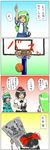  basketball bunbunmaru comic hair_bobbles hair_ornament hakurei_reimu hammer highres kawashiro_nitori kochiya_sanae multiple_girls newspaper seren_(staphy) shameimaru_aya touhou translated 