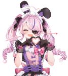  1girl :d ahoge animal_ears artist_name black_gloves blush closed_eyes commentary_request drill_hair eyepatch fake_animal_ears four-finger_heart_hands gloves heart heart_ahoge heart_hands highres lacia_everlight long_hair maria_marionette maria_marionette_(maid) multicolored_hair nijisanji nijisanji_en pink_hair purple_hair rabbit_ears simple_background smile solo streaked_hair twin_drills twitter_username virtual_youtuber white_background 