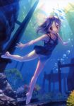  :t absurdres barefoot bubble casual_one-piece_swimsuit feet freediving highres holding_breath light_rays one-piece_swimsuit original puffy_cheeks purple_eyes purple_hair scan solo sunbeam sunlight swimming swimsuit swimsuit_under_clothes takoyaki_(roast) underwater 