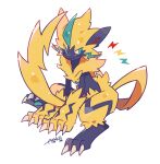  1other auko blue_eyes body_fur claws commentary_request full_body furry invisible_chair looking_at_viewer neck_fur pokemon pokemon_(creature) pokemon_focus simple_background sitting white_background yellow_fur zeraora 