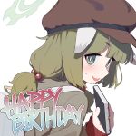  1girl animal_ears backscratcher777 blue_archive brown_hat brown_jacket commentary droopy_ears english_text from_side green_eyes green_hair green_halo halo happy_birthday hat highres holding holding_notepad jacket light_blush looking_at_viewer looking_to_the_side low_twintails newsboy_cap notepad open_mouth portrait short_twintails simple_background small_sweatdrop solo twintails white_background yakumo_(blue_archive) 