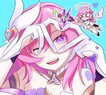  >_< 2girls absurdres blue_background commentary diamond-shaped_pupils diamond_(shape) dress elf_elysia elysia_(herrscher_of_human:_ego)_(honkai_impact) elysia_(honkai_impact) english_commentary evaixx four-finger_heart_hands gloves halo heart heart_hands highres holding holding_staff honkai_(series) honkai_impact_3rd long_hair looking_at_viewer multiple_girls one_eye_closed pink_hair purple_eyes simple_background smile staff symbol-shaped_pupils triquetra upper_body very_long_hair white_dress white_wings wings 