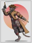  3:4 anthro barefoot belt belt_buckle belt_pouch border buckle domestic_cat feet felid feline felis grey_border gun gunslinger handgun hi_res holding_gun holding_handgun holding_object holding_ranged_weapon holding_revolver holding_weapon long_tail male mammal mawkvlt ranged_weapon revolver smile smoke smoking smoking_gun solo tail teeth teeth_showing weapon 