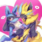  2boys averting_eyes blue_eyes blue_fur blush body_fur cazmo claws furry furry_male furry_with_furry heart heart_background highres lucario male_focus multiple_boys neck_fur noses_touching pink_background pokemon pokemon_(creature) red_eyes upper_body yaoi yellow_fur zeraora 