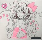  1girl ascot blush bow collared_shirt commentary_request flandre_scarlet frilled_shirt_collar frills furawast hat hat_bow heart highres long_hair looking_at_viewer mob_cap one_side_up open_mouth partially_colored pink_bow pink_vest pointy_ears shirt sketch skirt smile solo speech_bubble touhou traditional_media translation_request upper_body vest 