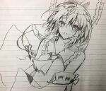  1girl ascot blush bow closed_mouth commentary_request detached_sleeves frilled_bow frilled_hair_tubes frills furawast hair_bow hair_tubes hakurei_reimu highres long_hair looking_at_viewer ribbon-trimmed_sleeves ribbon_trim sketch solo touhou traditional_media 