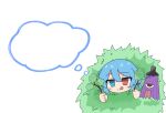  1girl :q blue_eyes blue_hair blush bush commentary_request heterochromia highres karakasa_obake purabird0370 purple_umbrella red_eyes solo speech_bubble tatara_kogasa thought_bubble tongue tongue_out touhou umbrella 