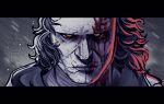  1boy absurdres bags_under_eyes black_sclera blood blood_on_face colored_sclera cracked_skin highres letterboxed looking_at_viewer male_focus mature_male messy_hair narrowed_eyes nereeitor orange_eyes painterly portrait red_light resident_evil resident_evil_requiem serious sidelighting solo victor_gideon 