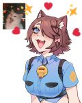  1girl absurdres animal_ears blue_eyes blush bow braid brown_hair cat_ears cat_girl commentary english_commentary fang hair_bow hair_over_one_eye highres indie_virtual_youtuber open_mouth police police_uniform policewoman short_hair smile upper_body virtual_youtuber whimzee whimzee_(vtuber) whistle whistle_around_neck white_background 