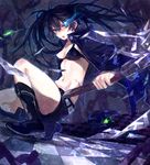  bikini_top black_hair black_rock_shooter black_rock_shooter_(character) blue_eyes boots breasts burning_eye chain checkered checkered_floor cleavage dutch_angle highres jacket long_hair medium_breasts navel perspective scar shorts skull solo soono_(rlagpfl) squatting star stitches twintails 