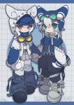  064mn 1boy 1girl :< animal_ears aqua-tinted_eyewear belt black_shoes black_shorts blue_border blue_hat blue_jacket blue_sweater boots border cat_ears fishnet_pantyhose fishnets full_body goggles goggles_around_neck goggles_on_head green_eyes grey_boots grey_shirt grey_skirt grid_background hat highres holding_hands hood hood_up jacket looking_at_viewer meowstic meowstic_(female) meowstic_(male) multiple_belts pantyhose personification pokemon red_eyes shirt shoes shorts simple_background skirt sleeves_past_fingers sleeves_past_wrists socks standing sweater tinted_eyewear torn_clothes torn_socks white_background white_hair white_jacket white_shirt white_socks yellow-tinted_eyewear 