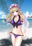  :p alha beach bikini blonde_hair bow breasts cleavage day frilled_bikini frills front-tie_top hair_bow hat large_breasts long_hair navel open_clothes open_shirt outdoors shirt solo swimsuit tongue tongue_out touhou water yakumo_yukari yellow_eyes 