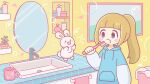  1girl animal aqua_hoodie arm_at_side bathroom blue_eyes blunt_bangs blush_stickers bottle brown_hair bubble chibi chibi_only commentary_request cowboy_shot cup day faucet hand_up highres holding holding_toothbrush hood hood_down hoodie indoors long_hair long_sleeves mirror mug open_mouth original pet plant ponytail potted_plant rabbit sink slice_of_life solo standing suzuki_arisa_(arisa0456) tiles toothbrush white_sleeves window 