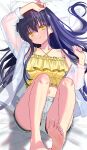  1girl absurdres arm_up bare_legs barefoot bed_sheet black_hair bone_hair_ornament breasts camisole clenched_hands closed_mouth collarbone collared_shirt commentary_request criss-cross_halter eyelashes eyes_visible_through_hair feet frilled_camisole frills from_above full_body grey_shorts hair_between_eyes hair_ornament hair_spread_out halterneck hand_up head_on_pillow head_tilt highres knees_up kushima_kamome legs long_hair looking_at_viewer lying medium_breasts midriff navel on_back on_bed open_clothes open_shirt pillow sakuratoru see-through_clothes see-through_shirt shiny_skin shirt short_shorts shorts sidelighting sidelocks single_bare_shoulder skull_and_crossbones skull_hair_ornament smile soles solo spaghetti_strap split_mouth summer_pockets thighs toenails toes very_long_hair white_shirt yellow_camisole yellow_eyes 
