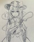  1girl blood blood_on_knife blush bow buttons closed_mouth collared_shirt commentary_request diamond_button disembodied_linked_eye eyeball flower frilled_shirt_collar frilled_sleeves frills furawast hair_between_eyes hat hat_bow hat_flower heart heart_of_string holding holding_knife knife komeiji_koishi long_sleeves looking_at_viewer medium_hair shirt sketch skirt smile solo touhou traditional_media wide_sleeves 