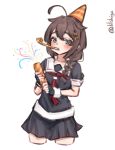  absurdres ahoge black_gloves black_hair black_serafuku black_shirt black_skirt blue_eyes braid commentary cowboy_shot cropped_legs fingerless_gloves gloves hair_flaps hair_over_shoulder highres kantai_collection lilshigu long_hair mouth_hold neckerchief one-hour_drawing_challenge party_horn party_popper pleated_skirt red_neckerchief sailor_collar sailor_shirt school_uniform serafuku shigure_(kancolle) shigure_kai_ni_(kancolle) shirt simple_background single_braid skirt twitter_username untranslatable_commentary white_background white_sailor_collar 