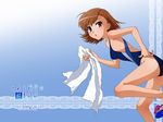  adjusting_clothes adjusting_swimsuit bad_id bad_pixiv_id brown_eyes brown_hair competition_swimsuit misaka_mikoto one-piece_swimsuit sandals short_hair solo swimsuit to_aru_kagaku_no_railgun to_aru_majutsu_no_index tokiwa_(breeze_of_film) towel wallpaper 