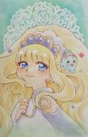  1girl absurdres aizen_(syoshiyuki) aqua_background blonde_hair blue_eyes bridal_gauntlets commentary_request cure_finale delicious_party_precure doily earrings highres jewelry kasai_amane long_hair magical_girl parfait_recipipi pearl_earrings precure smile solo star_(symbol) tiara traditional_media upper_body white_bridal_gauntlets 