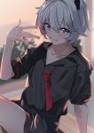  1girl \||/ absurdres black_horns black_shirt blue_archive blue_eyes blush closed_mouth clothes_around_waist collarbone commentary_request erika_(blue_archive) hand_up highres horns jacket jacket_around_waist kazu_(kauk3753) looking_at_viewer loose_necktie necktie red_necktie shirt short_hair sitting skirt smile solo white_hair 