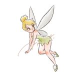  1girl bare_shoulders blonde_hair blue_eyes breasts commentary dress fairy fairy_wings green_dress hair_bun highres looking_at_viewer mio_ney pointy_ears short_hair single_hair_bun smile solo strapless strapless_dress tinker_bell_(disney) untranslatable_commentary walt_disney's_peter_pan wings 