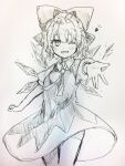  1girl blush bow cirno collared_shirt commentary_request cowboy_shot detached_wings dress furawast hair_bow heart highres ice ice_wings looking_at_viewer one_eye_closed open_mouth pinafore_dress puffy_short_sleeves puffy_sleeves shirt short_hair short_sleeves sketch sleeveless sleeveless_dress smile solo touhou traditional_media wings 