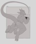 absurd_res andr0ch anthro bottomless butt clothed clothing gaming genitals hi_res hoodie humanoid_genitalia humanoid_penis kobold looking_at_viewer lying male on_front penis presenting presenting_hindquarters scalie simple_background solo steam_deck topwear topwear_only valve_corporation valve_hardware