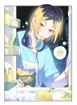  1boy absurdres apple black_hair blonde_hair blue_shirt bottle bowl chinese_commentary chips_(food) commentary_request dated food food_in_mouth from_inside fruit glass_bottle haikyuu!! hand_rest hand_up headphones headphones_around_neck highres holding indoors kozume_kenma layered_sleeves long_sleeves male_focus middle_part multicolored_hair night open_refrigerator potato_chips print_shirt refrigerator refrigerator_interior shirt short_over_long_sleeves short_sleeves signature solo sparkle speech_bubble thought_bubble two-tone_hair upper_body yellow_eyes yilansideless 