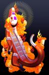  absurdres black_background cempoalxochitl commentary_request crocodilian fire flower full_body highres looking_at_viewer looking_back marigold no_humans orange_flower pokemon pokemon_(creature) pokemon_focus rebanira_(aqsiz) skeledirge skull 