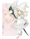  1girl :d absurdres apron back_bow black_mage_(final_fantasy) blonde_hair bow bowtie brooch center_frills commentary commission dress feathered_wings final_fantasy final_fantasy_xiv frilled_apron frilled_dress frills full_body grey_eyes hand_on_own_hat hands_up hat heart heart_brooch heterochromia highres holding holding_staff jewelry lalafell long_hair long_sidelocks looking_at_viewer medium_dress open_mouth orb pantyhose pointy_ears puffy_short_sleeves puffy_sleeves puluie red_eyes ribbon shoes short_sleeves sidelocks signature skeb_commission smile solo staff straight_hair untranslatable_commentary walking warrior_of_light_(ff14) white_apron white_background white_bow white_bowtie white_dress white_hat white_pantyhose white_ribbon white_shoes white_wings white_wrist_cuffs winged_weapon wings witch_hat wrist_cuffs zoom_layer 