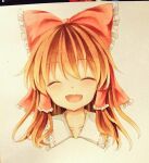  1girl :d ^_^ blush bow brown_hair closed_eyes commentary_request facing_viewer frilled_bow frilled_hair_tubes frills furawast hair_bow hair_tubes hakurei_reimu long_hair marker_(medium) open_mouth portrait red_bow smile solo touhou traditional_media 