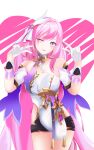  1girl ;) absurdres bare_shoulders black_shorts breasts commentary_request corset diamond-shaped_pupils diamond_(shape) elysia_(herrscher_of_human:_ego)_(honkai_impact) elysia_(honkai_impact) evaixx gloves heart heart_background highres honkai_(series) honkai_impact_3rd large_breasts long_hair looking_at_viewer one_eye_closed pink_hair purple_eyes short_shorts shorts smile solo symbol-shaped_pupils thighs triquetra v very_long_hair white_corset white_gloves 