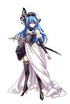  blue_hair detached_sleeves dress espgarude_(spectral_force) full_body garters high_heels highres hirano_katsuyuki long_hair long_skirt shoes simple_background skirt solo spectral_(series) spectral_force_genesis standing sword thighhighs weapon white_background white_skirt 