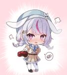  1girl animal_ears beret black_shoes blue_necktie blue_sailor_collar box braid chibi chibi_only closed_mouth commentary_request dress embarrassed fake_animal_ears flying_sweatdrops frilled_dress frills grey_hat hair_ornament hairclip hat heart-shaped_box highres holding holding_box incoming_gift kiwipodo loafers long_hair looking_at_viewer low_twin_braids multicolored_hair necktie open_mouth parallel_hairclips pink_eyes pink_streaks pom_pom_(clothes) pom_pom_hair_ornament rabbit_ears sailor_collar shoes sidelocks solo spoken_squiggle squiggle streaked_hair thighhighs tosaki_mimi tosaki_mimi_(5th_costume) twin_braids valentine virtual_youtuber vspo! white_hair white_thighhighs yellow_dress 