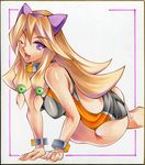  animal_ears arcana_heart arm_support brown_hair calnarsa cat_ears competition_swimsuit inuwaka_akane long_hair md5_mismatch one-piece_swimsuit one_eye_closed purple_eyes shikishi solo swimsuit 