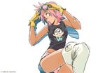  bandaid dokonjou_gaeru flcl gainaxtop gloves goggles goggles_on_head haruhara_haruko nandaba_naota parody pink_hair shirt shorts solo thighhighs tsurumaki_kazuya 